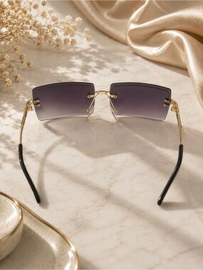 Rimless Gold-Arm Sunglasses with Gradient Purple Lenses